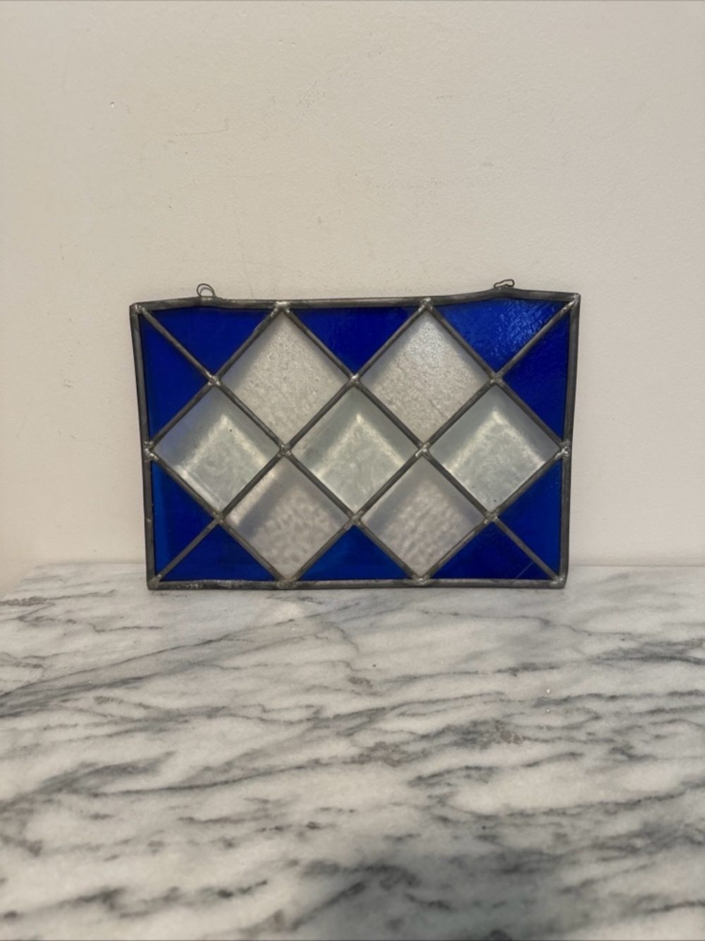 Antique Blue and White Stained Glass Panel for window
